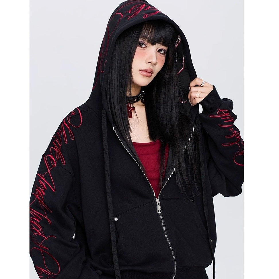 【上下別売り】Gothic Letter Embroidery Hooded Sweat Parka & Pants Set-up CB1001