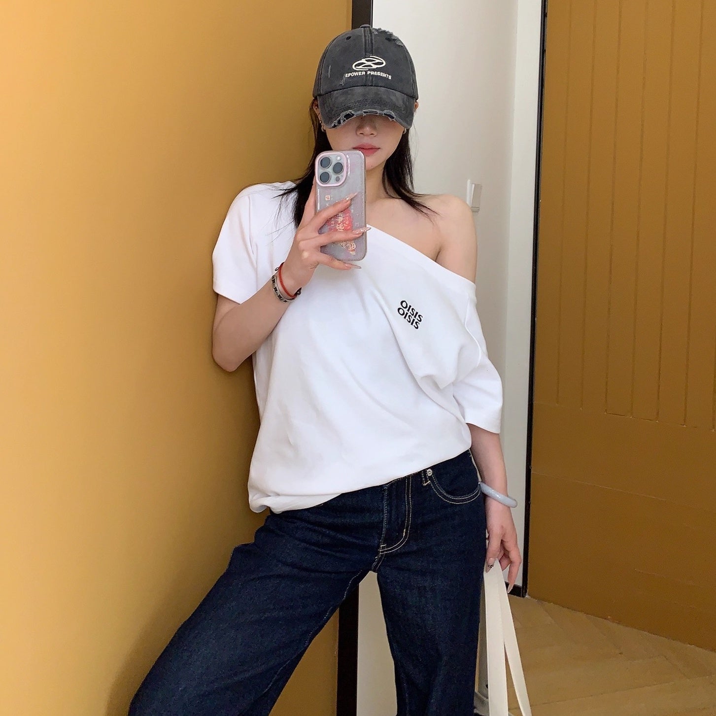 Cropped Slanted Shoulder Embroidered T-shirt OS2017