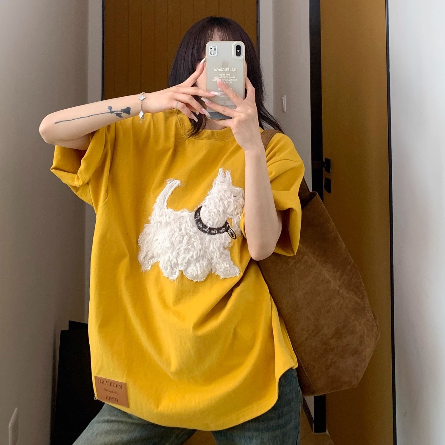 Cartoon Plush Dog Embroidery Loose T-shirt OS2007