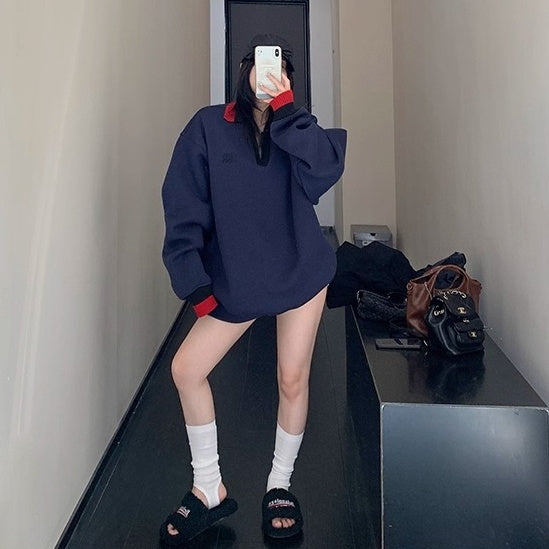 Contrast Polo Collar Loose Sweat OS2045