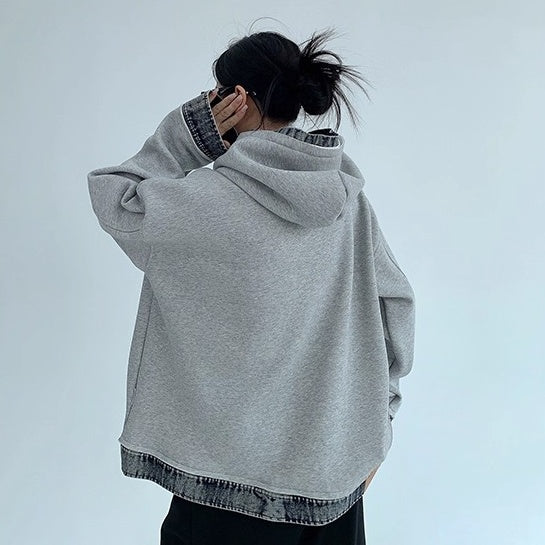 Contrasting Splicing Denim Hooded Sweat OS2056