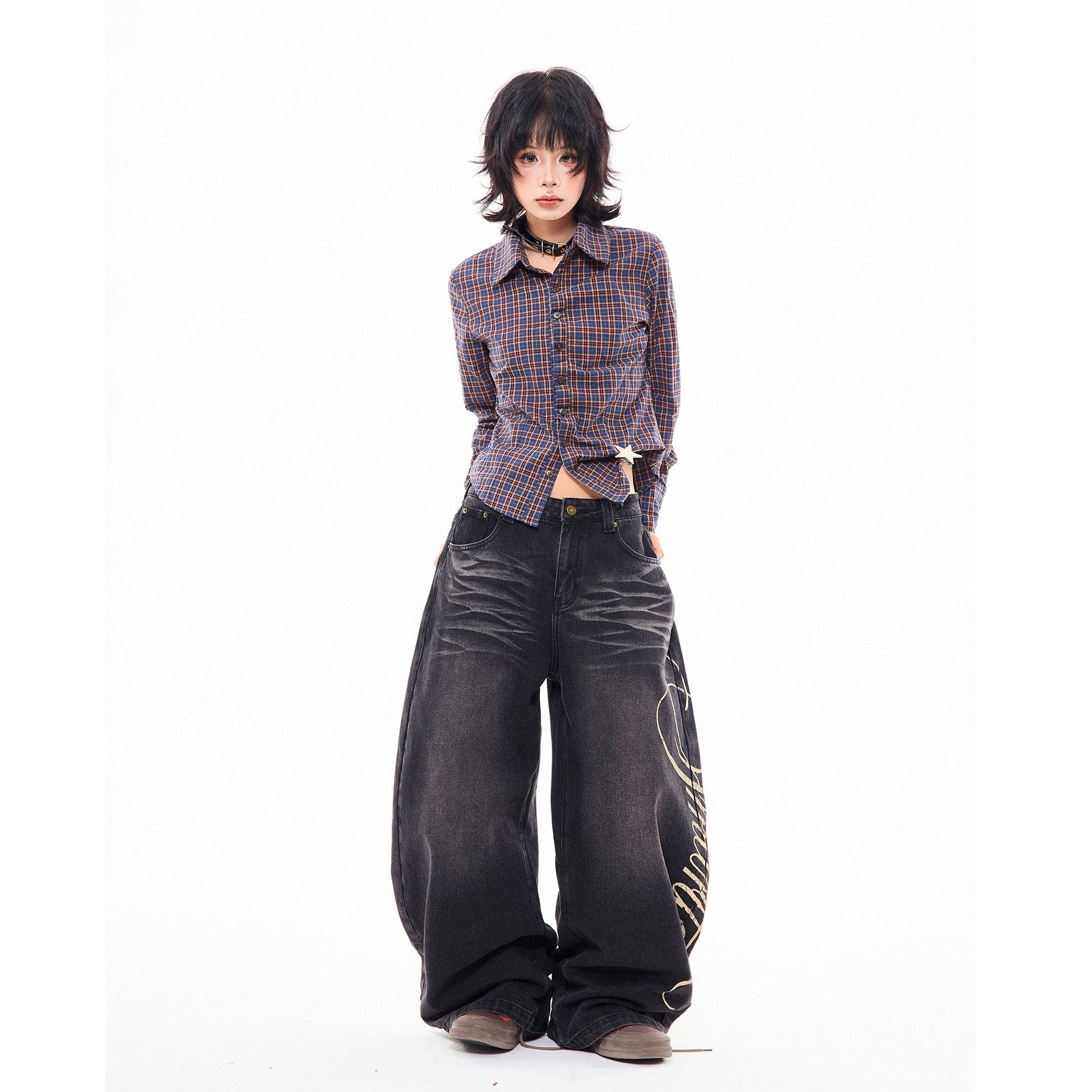 Side Print Washed Cat Whiskers Curve Jeans MW10259