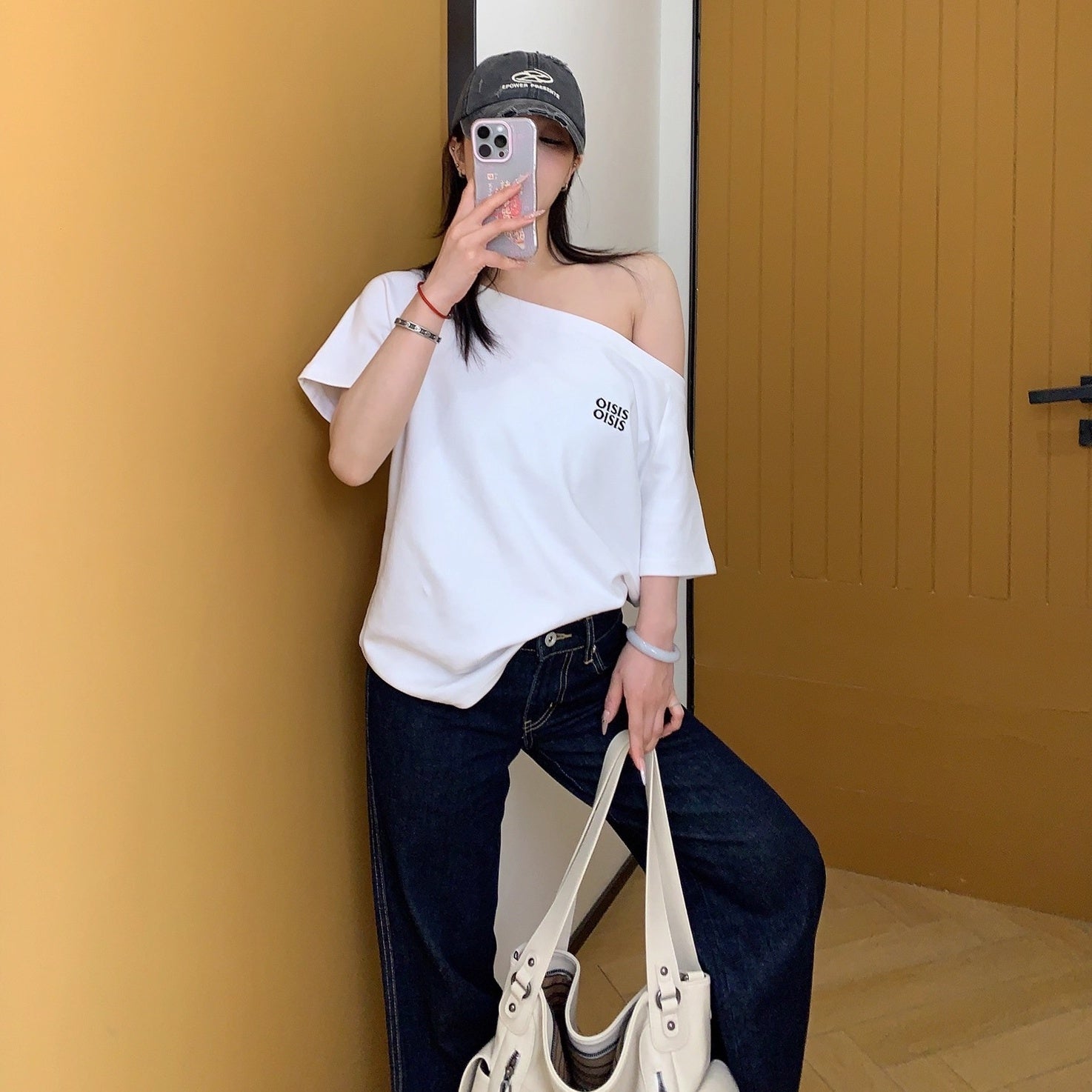 Cropped Slanted Shoulder Embroidered T-shirt OS2017