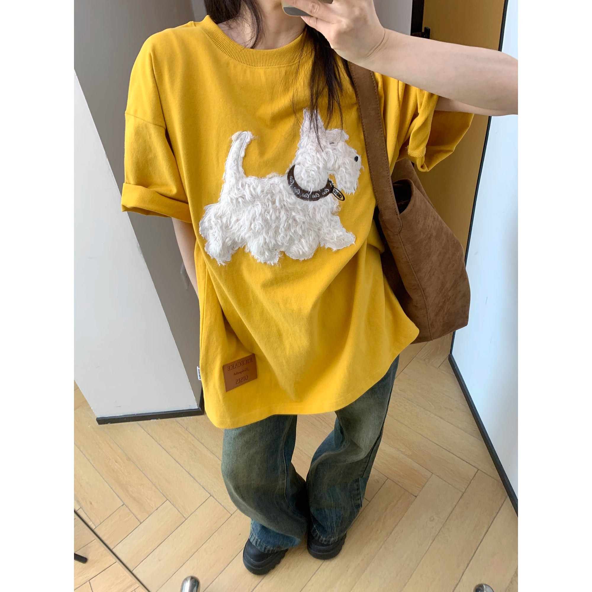 Cartoon Plush Dog Embroidery Loose T-shirt OS2007