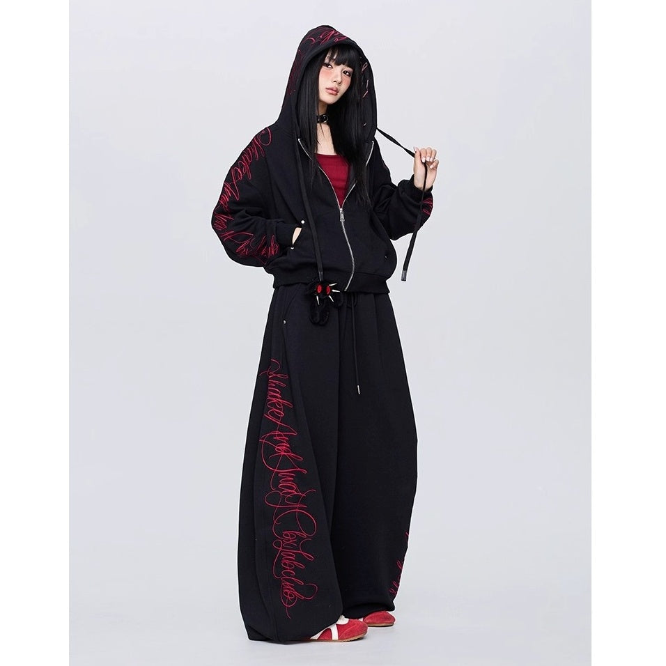 【上下別売り】Gothic Letter Embroidery Hooded Sweat Parka & Pants Set-up CB1001