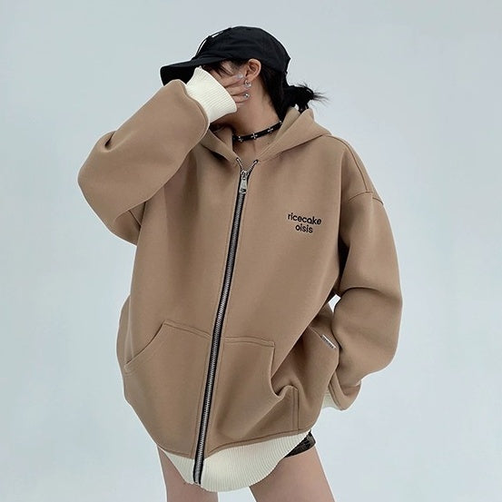 Contrast Embroidery Zip Hooded Jacket OS2043