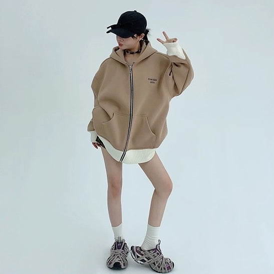 Contrast Embroidery Zip Hooded Jacket OS2043