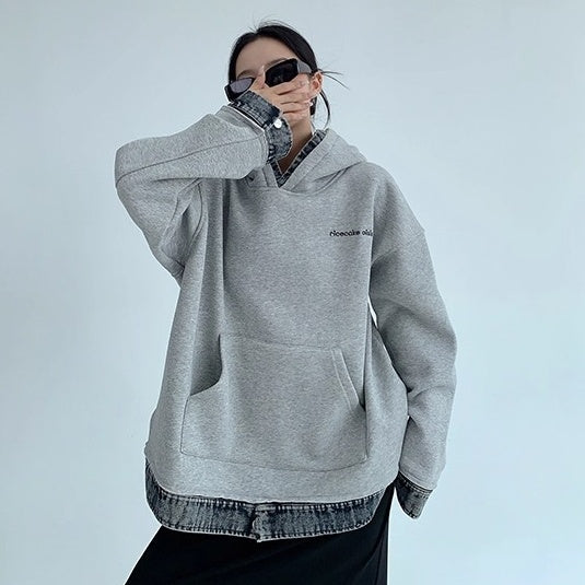 Contrasting Splicing Denim Hooded Sweat OS2056