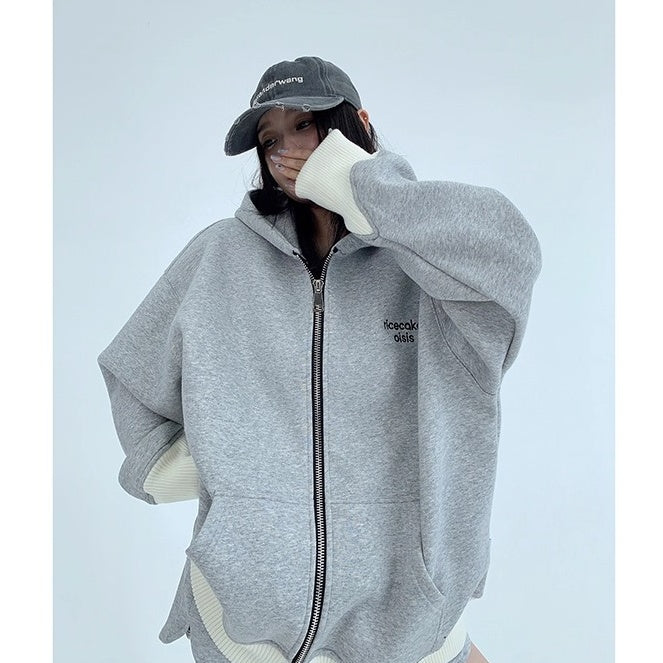 Contrast Embroidery Zip Hooded Jacket OS2043