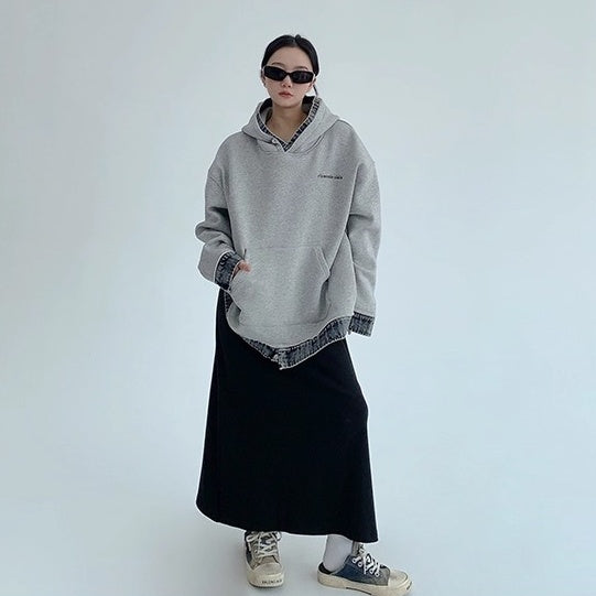 Contrasting Splicing Denim Hooded Sweat OS2056