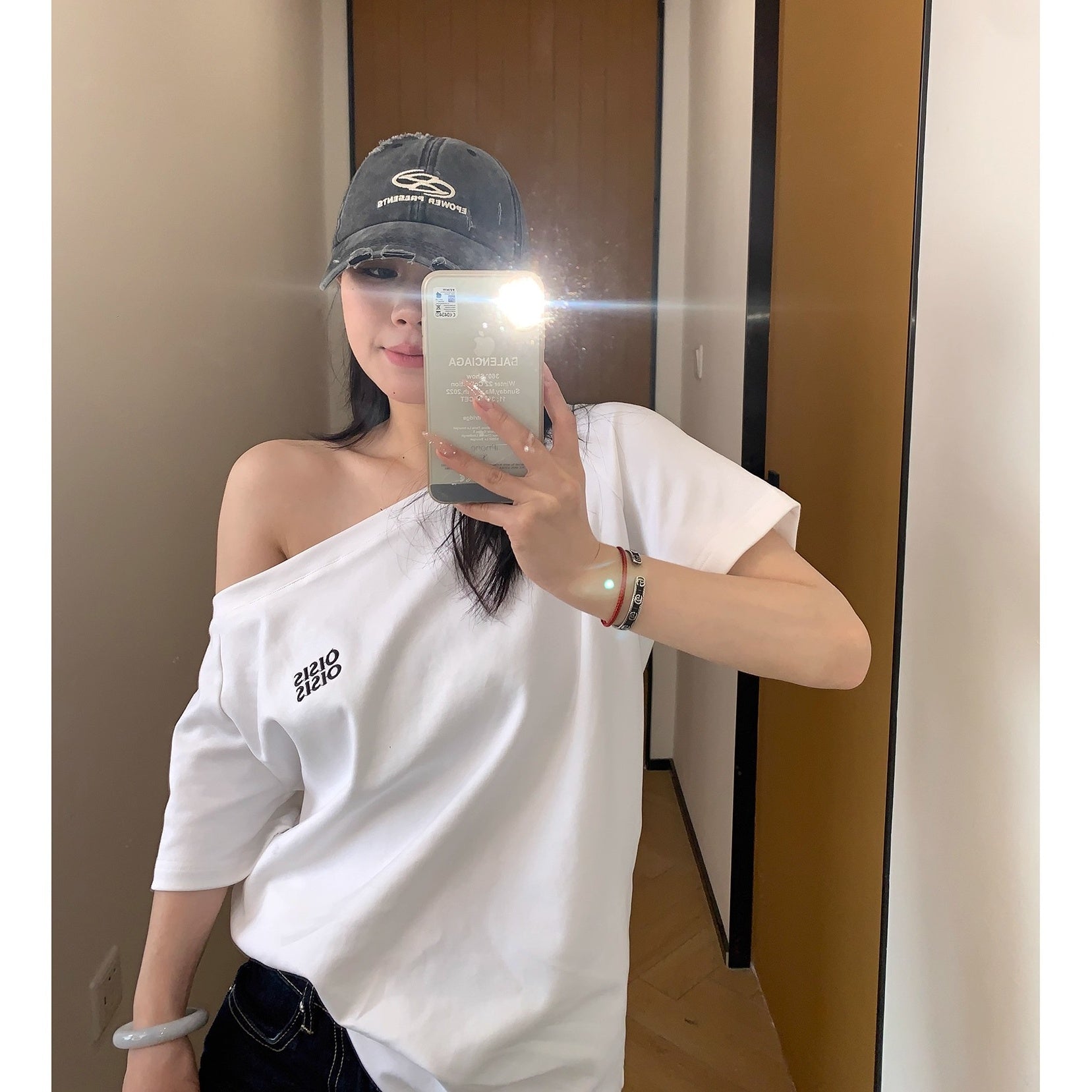 Cropped Slanted Shoulder Embroidered T-shirt OS2017