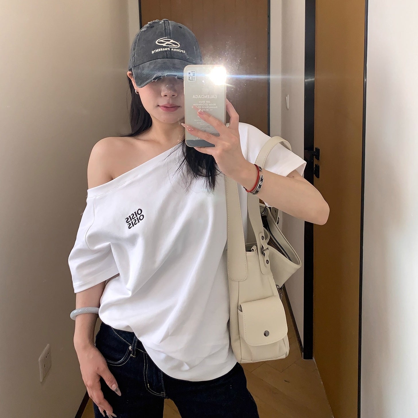 Cropped Slanted Shoulder Embroidered T-shirt OS2017