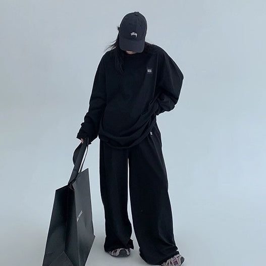 【上下別売り】Tag Design Long-sleeved T-shirt & Loose Casual Pants Set-up OS2033