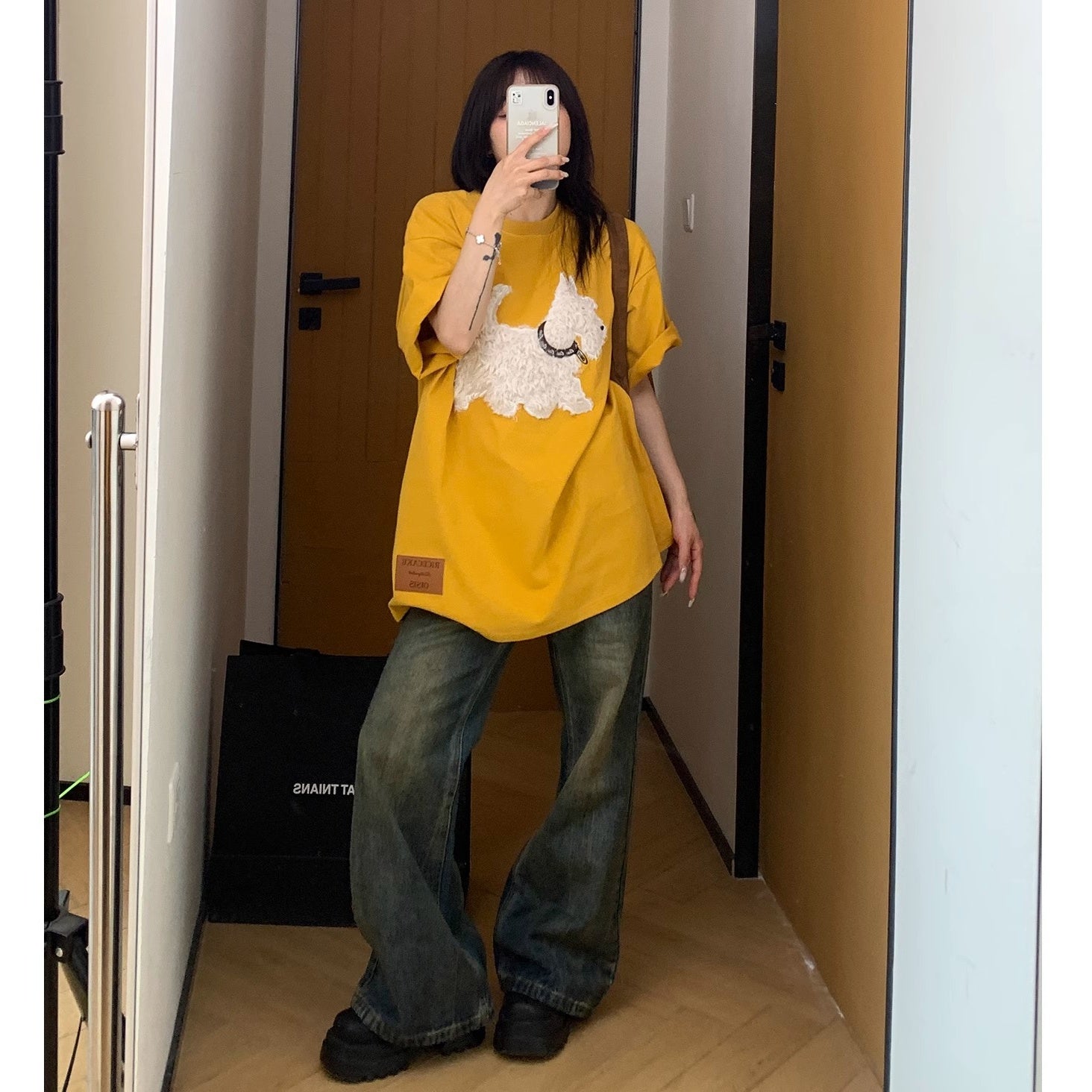 Cartoon Plush Dog Embroidery Loose T-shirt OS2007