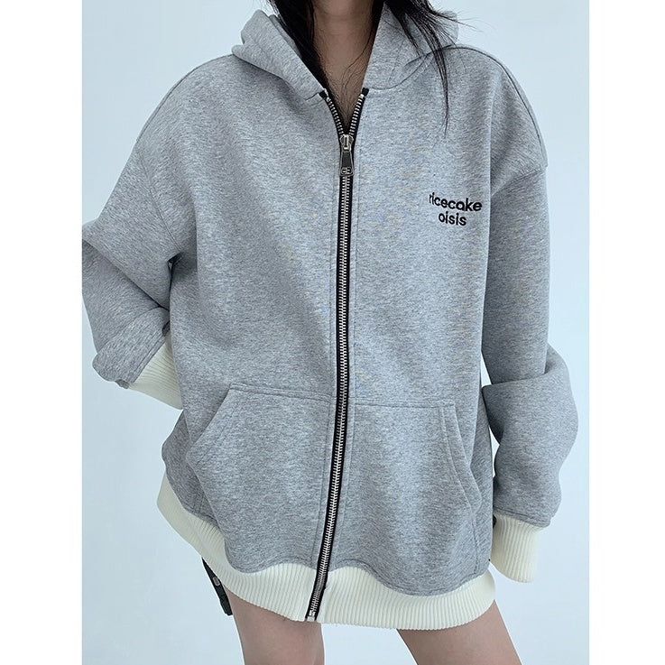 Contrast Embroidery Zip Hooded Jacket OS2043