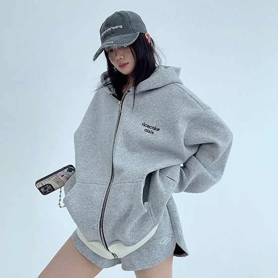 Contrast Embroidery Zip Hooded Jacket OS2043