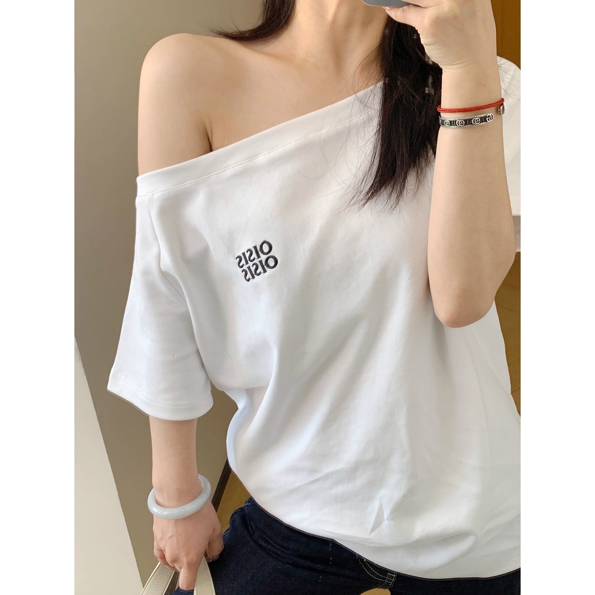 Cropped Slanted Shoulder Embroidered T-shirt OS2017