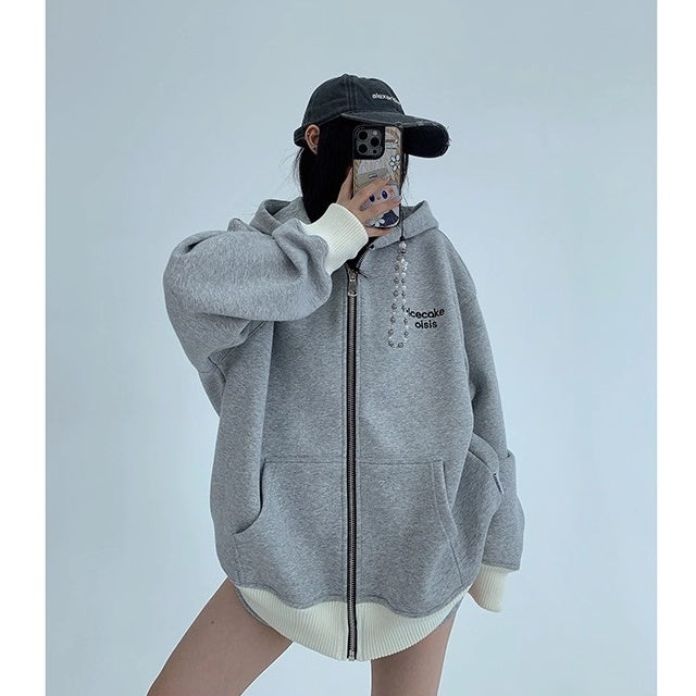 Contrast Embroidery Zip Hooded Jacket OS2043