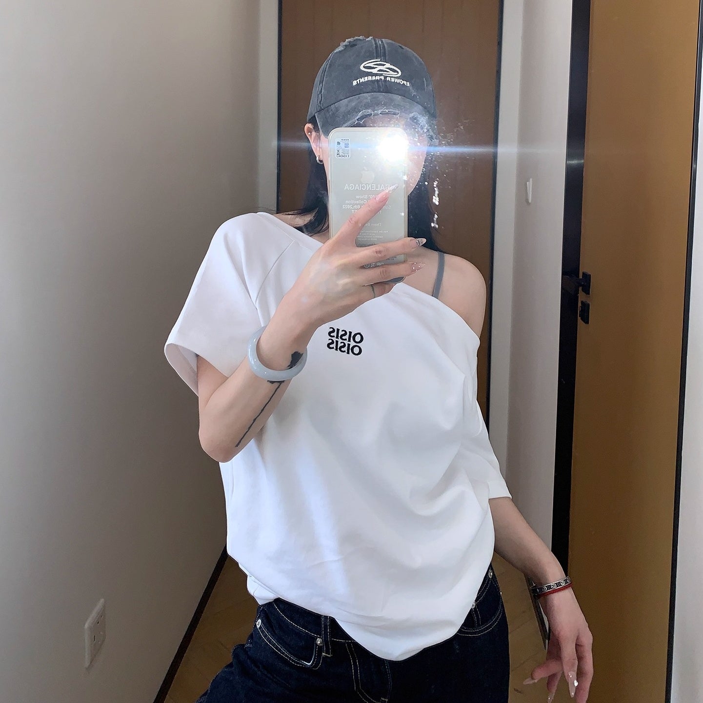 Cropped Slanted Shoulder Embroidered T-shirt OS2017