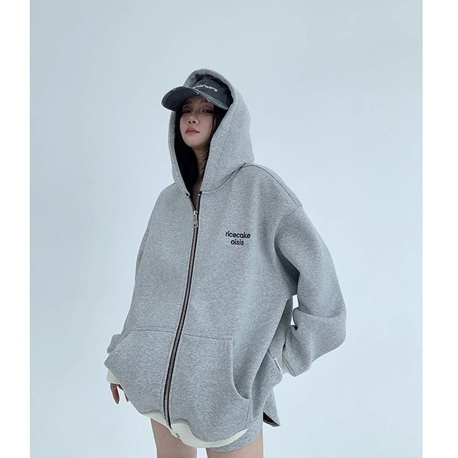 Contrast Embroidery Zip Hooded Jacket OS2043