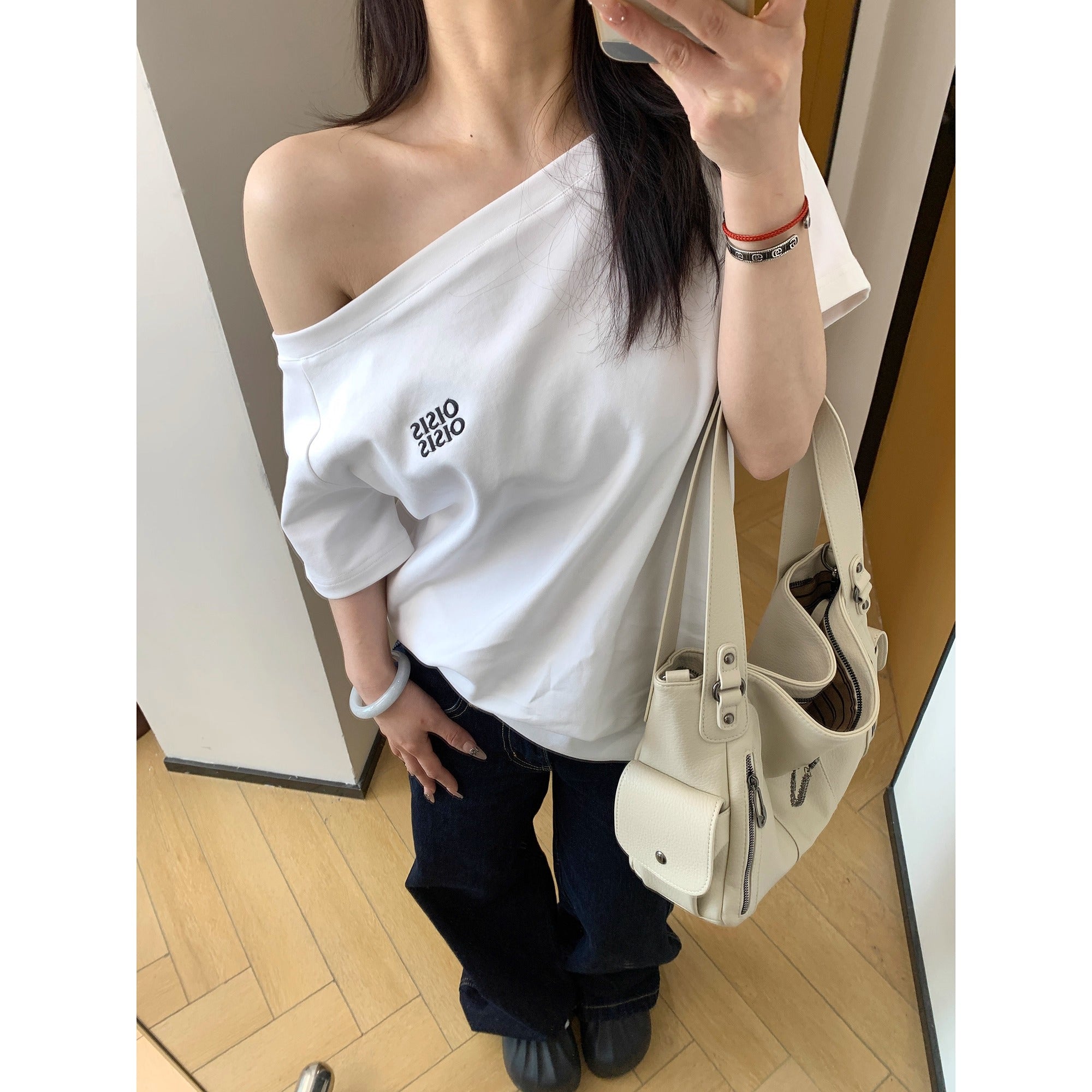 Cropped Slanted Shoulder Embroidered T-shirt OS2017