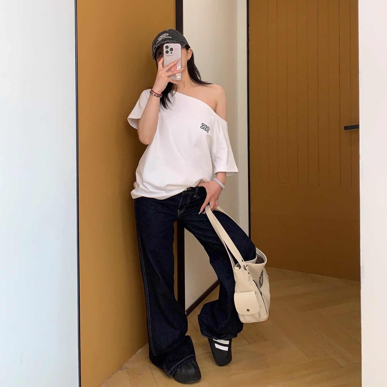 Cropped Slanted Shoulder Embroidered T-shirt OS2017