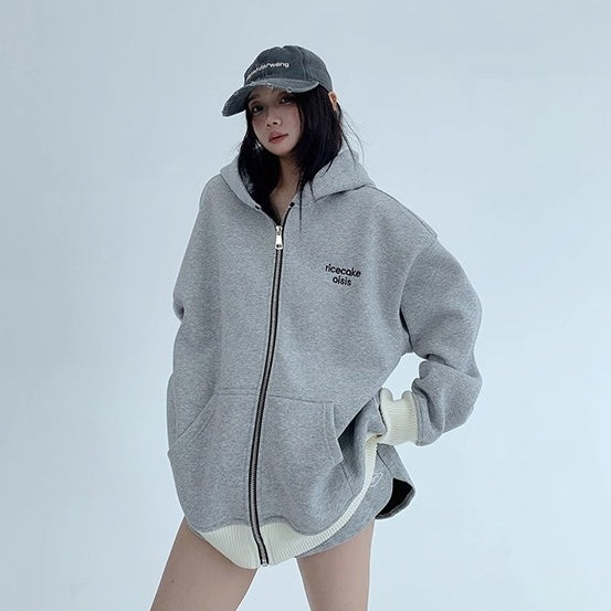 Contrast Embroidery Zip Hooded Jacket OS2043
