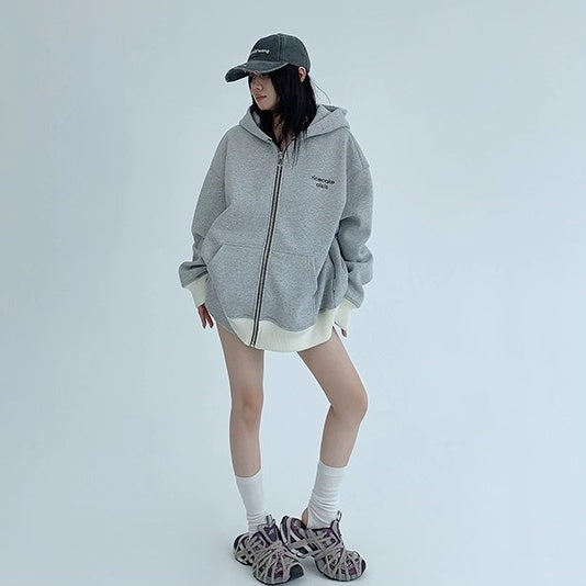 Contrast Embroidery Zip Hooded Jacket OS2043