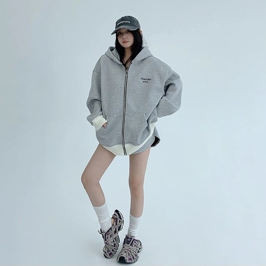 Contrast Embroidery Zip Hooded Jacket OS2043