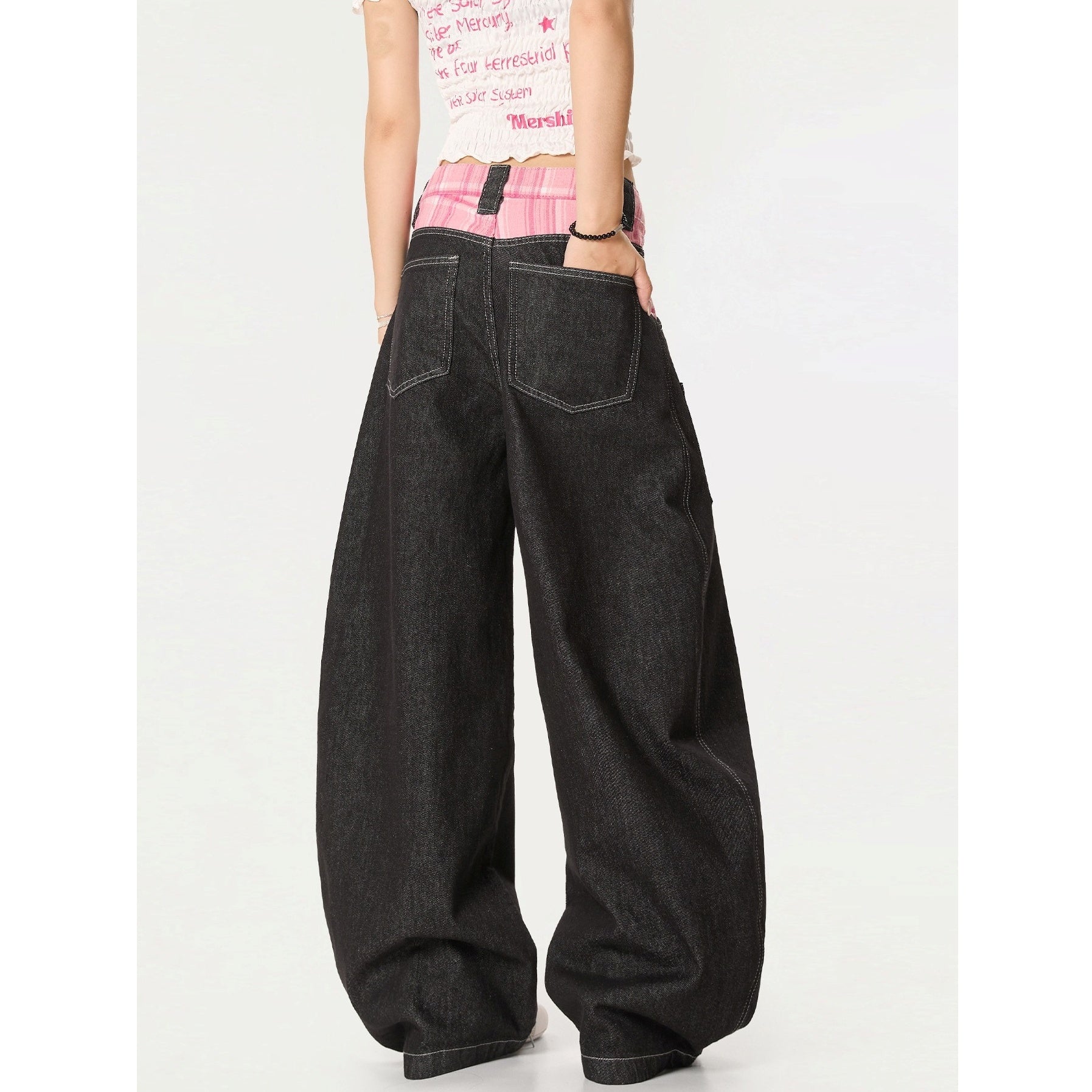 Check-panelled Curve Buggy Jeans MW10234