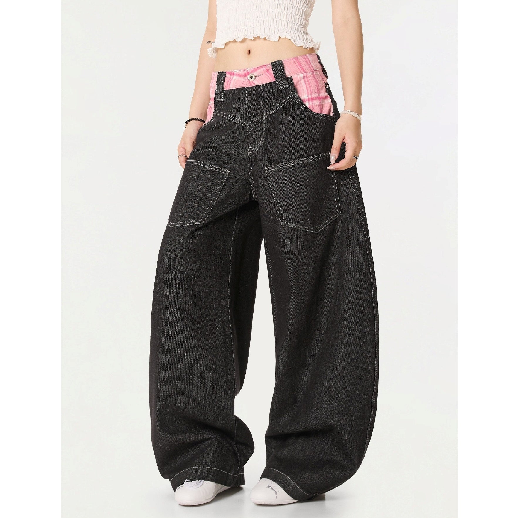 Check-panelled Curve Buggy Jeans MW10234