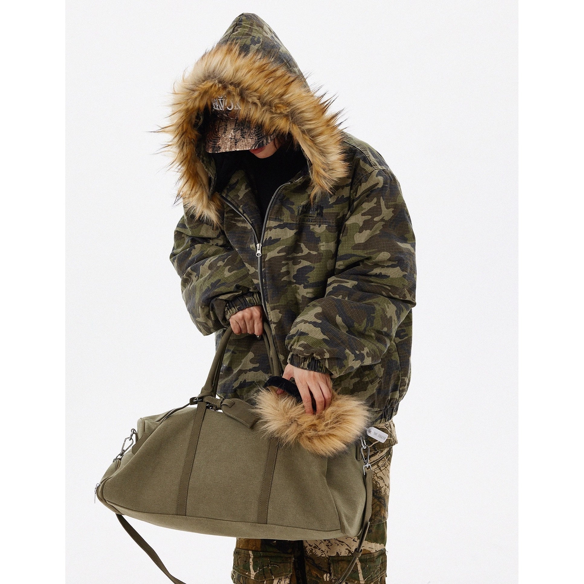 Retro Camouflage Fur Collar Hooded Jacket TP9004