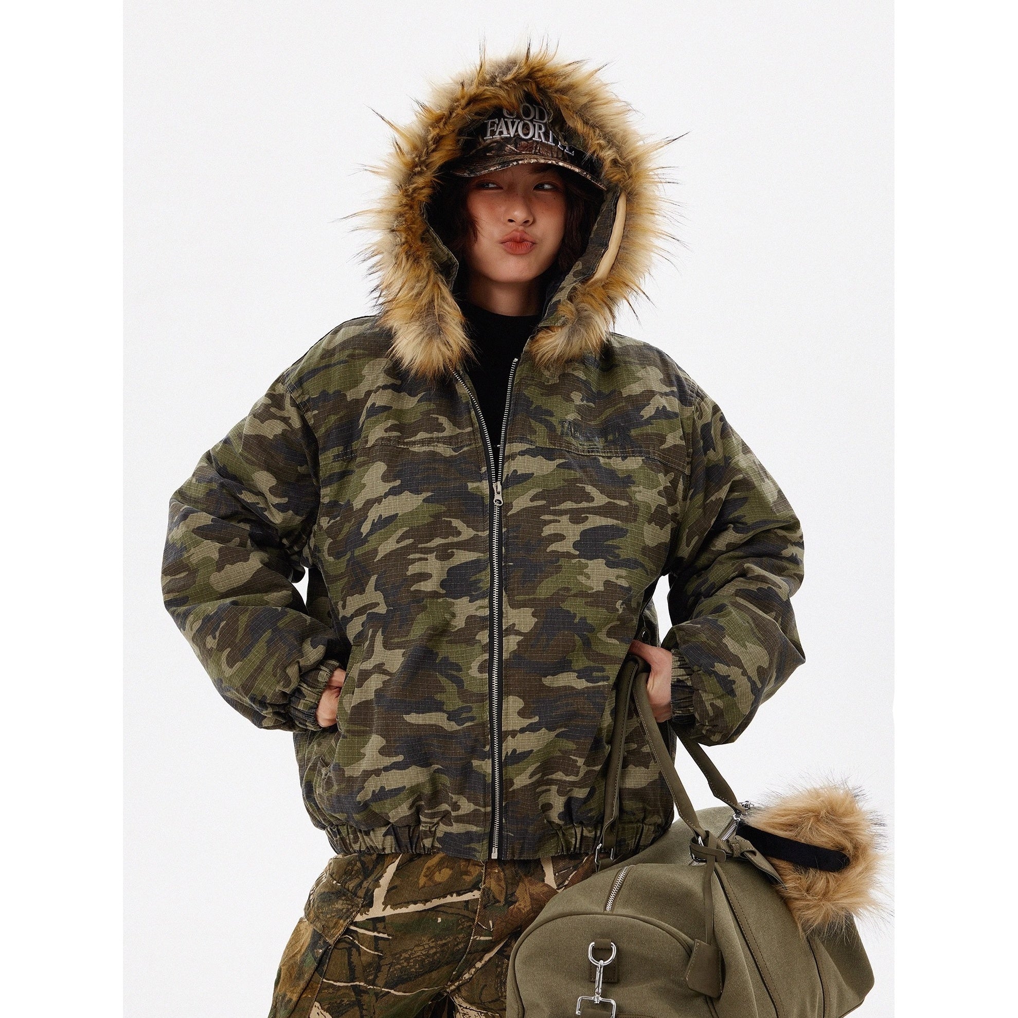 Retro Camouflage Fur Collar Hooded Jacket TP9004