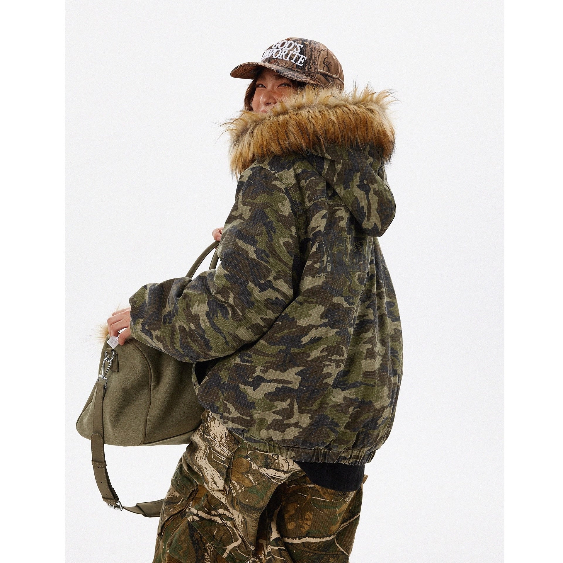 Retro Camouflage Fur Collar Hooded Jacket TP9004