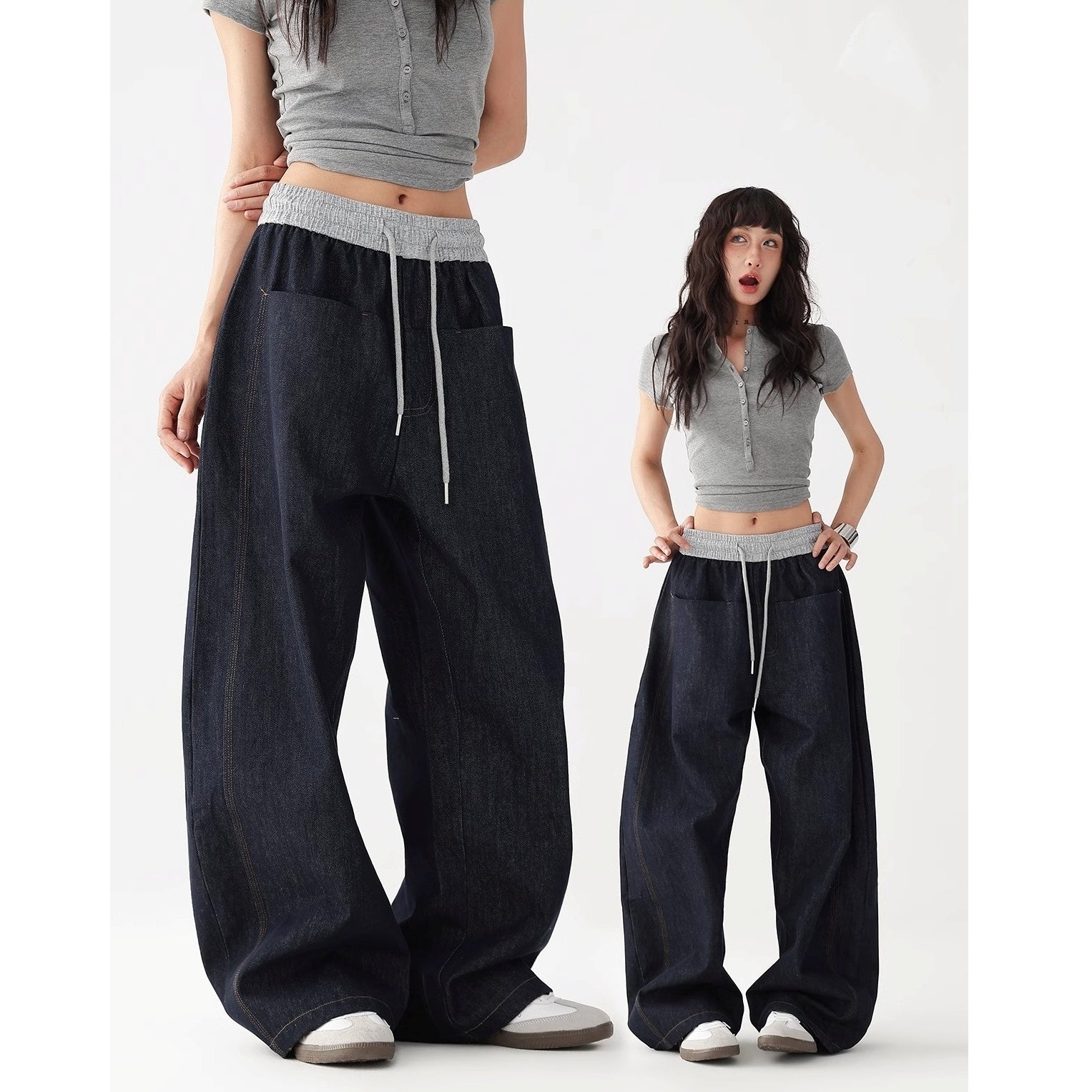 Panelled Elasticated Waistband Loose Curve Jeans AC7121