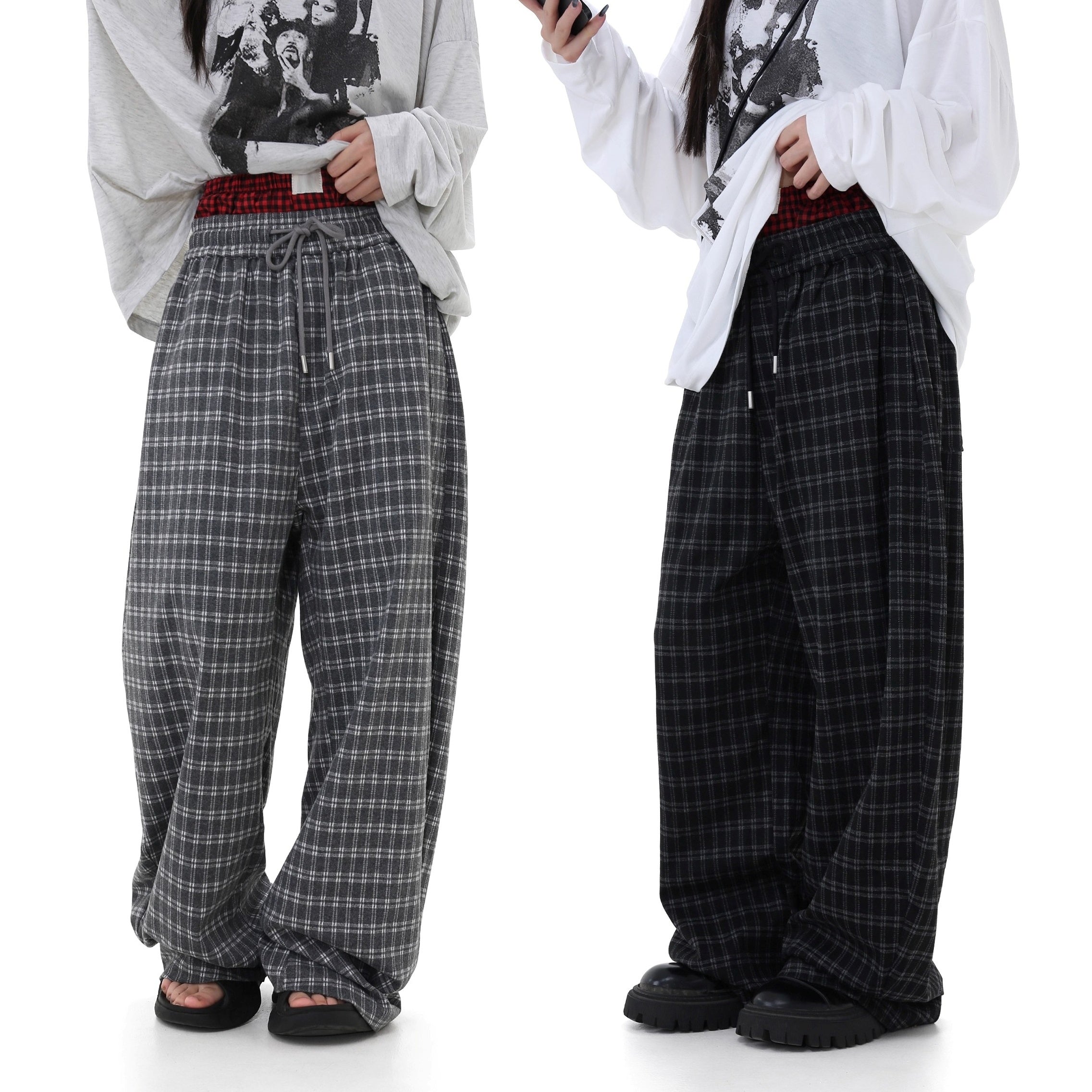 Elastic Waist Plaid Wide-leg Pants GB7038