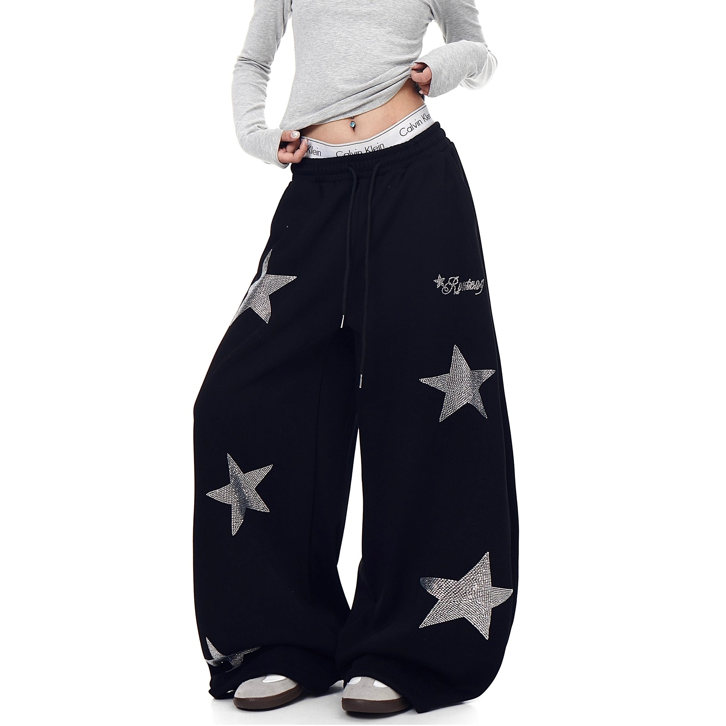 Star Rhinestone Design Curve Sweat Pants BK7060