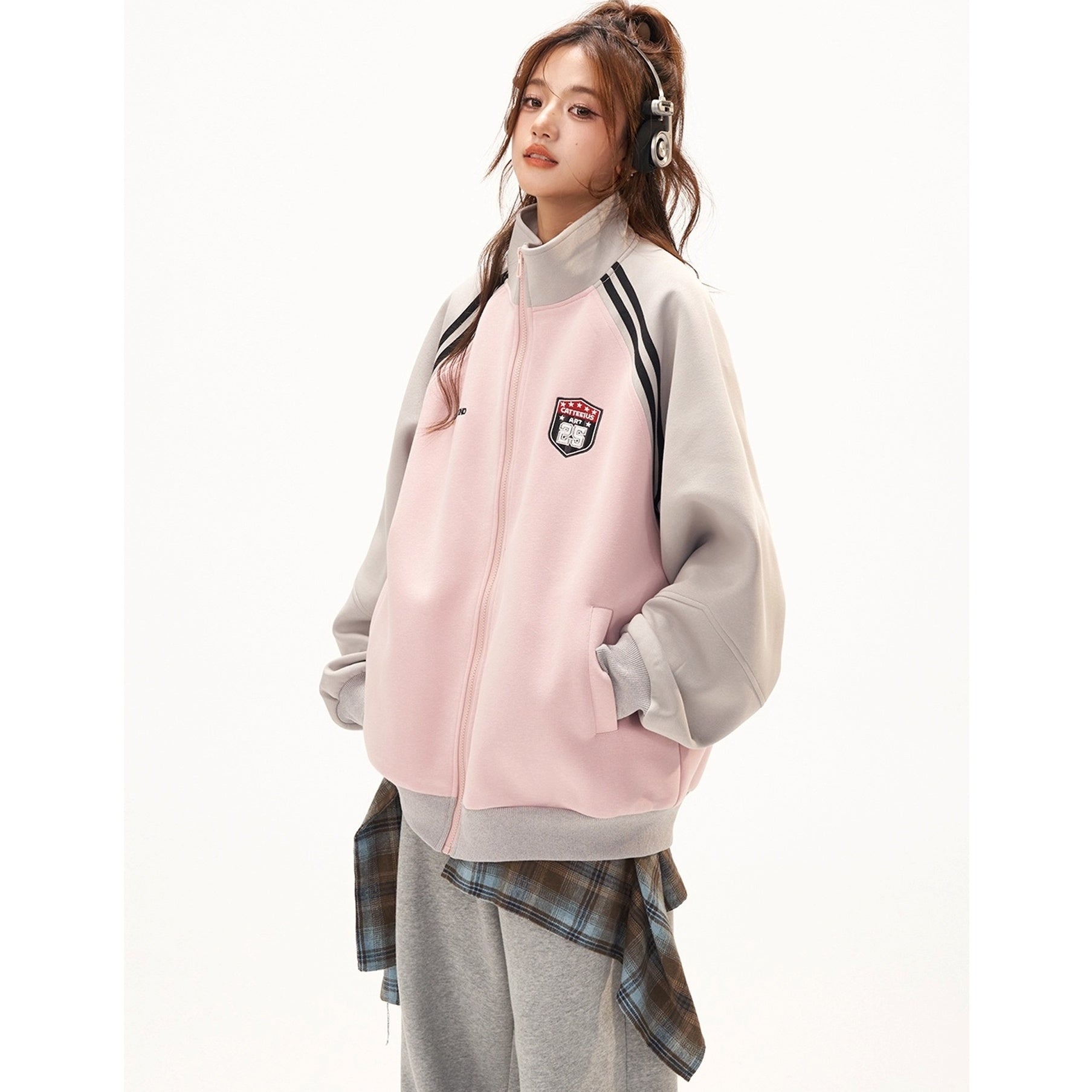 Stand-Collar Raglan Color-blocked Sweat Jacket CA7010