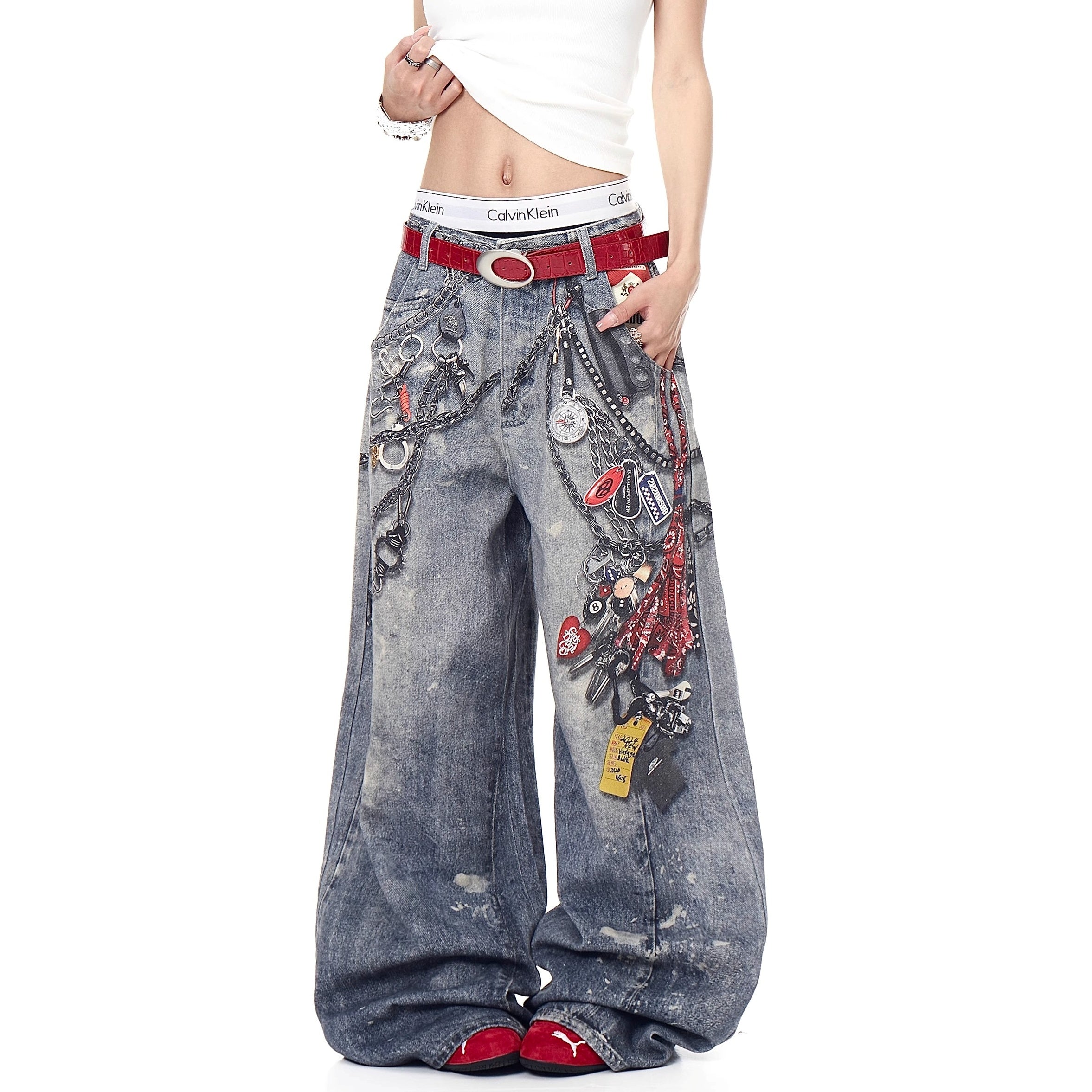 3D Chain Print Wide-leg Jeans MW10194