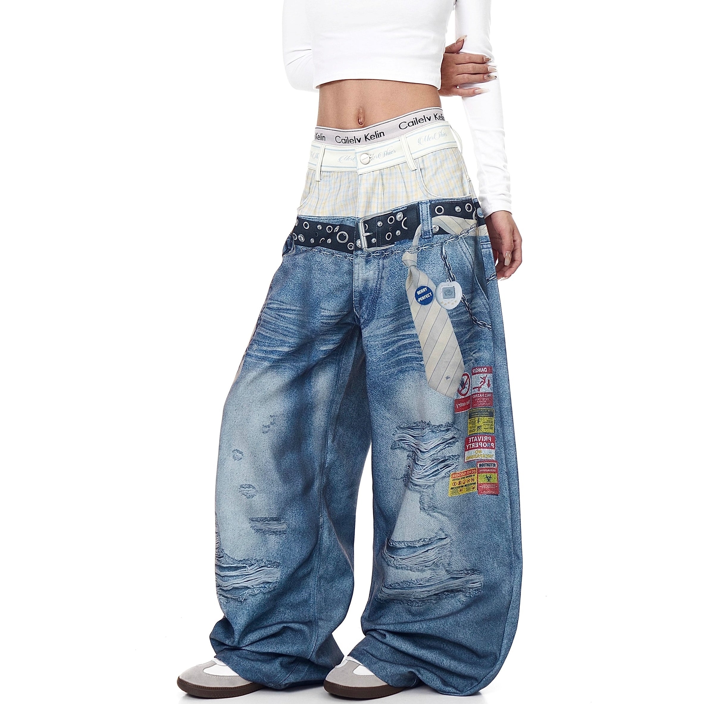 3D Belt Chain Print Double-Waist Jeans BK7020