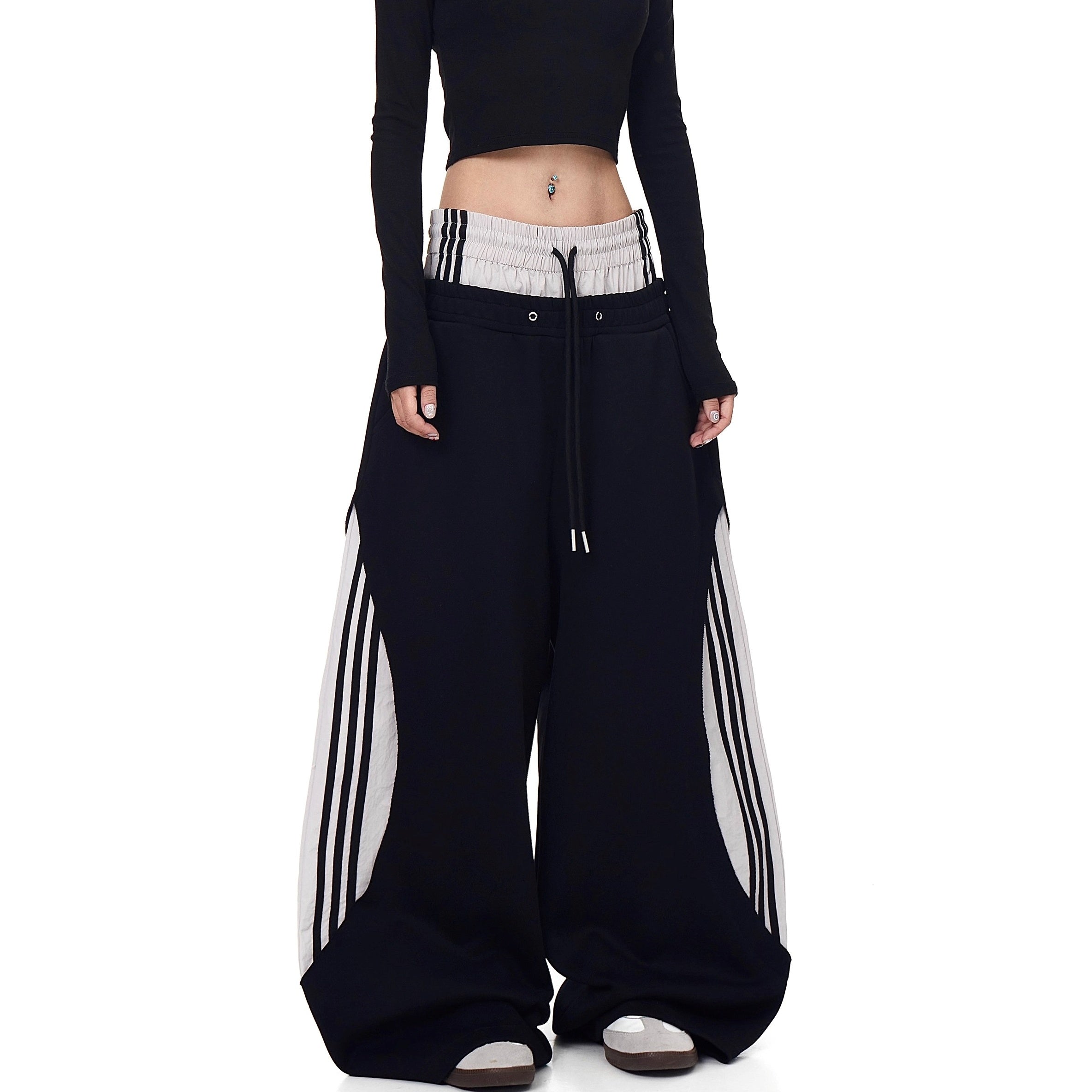 Double-Waist Striped Splicing Scimitar Sweat Pants BK7050