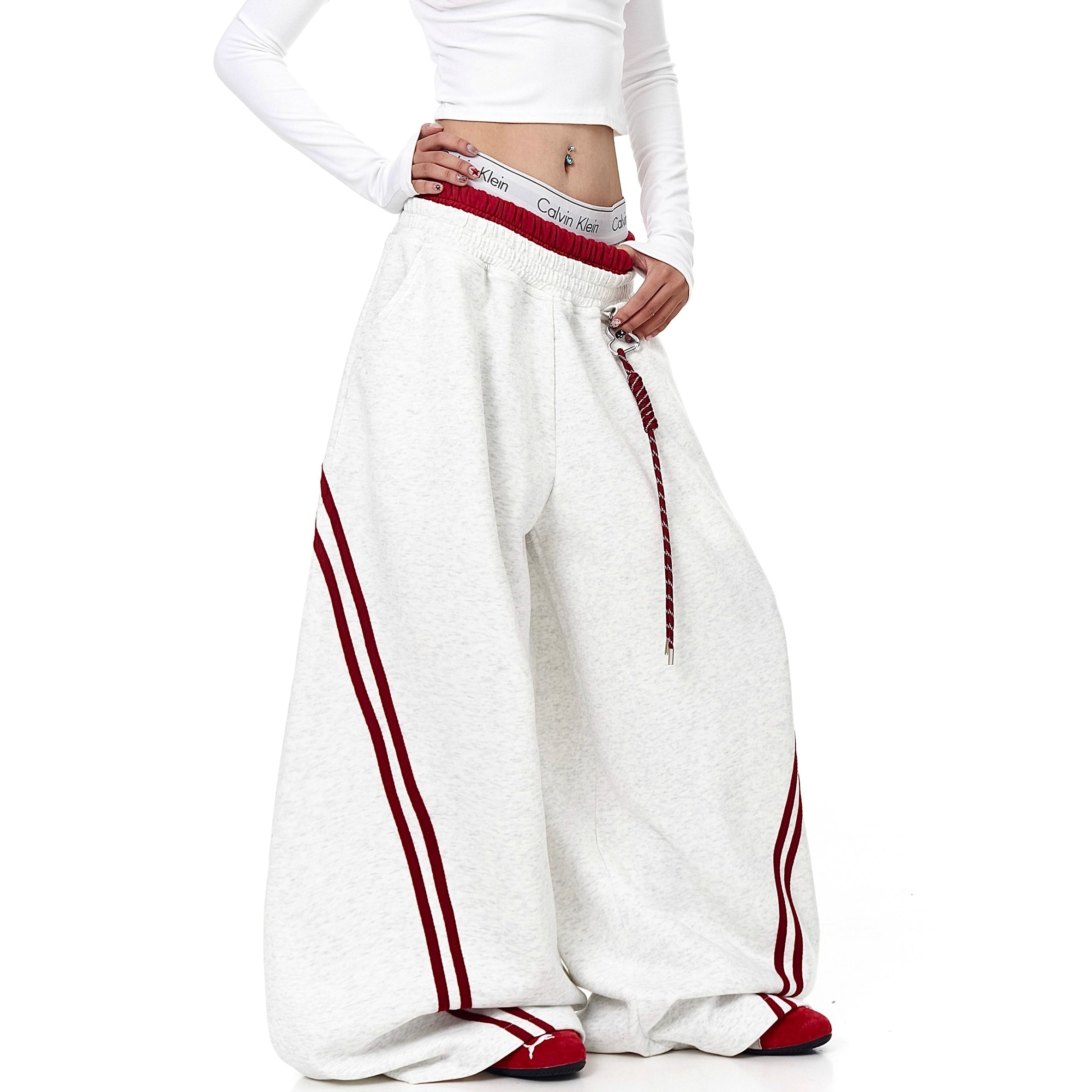 Striped Patchwork Double-waisted Scimitar Sweat Pants BK7044