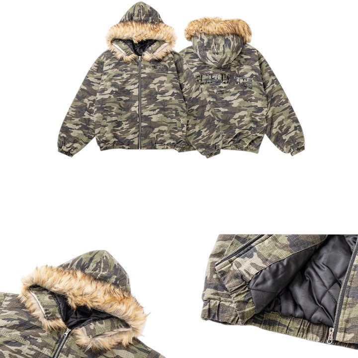 Retro Camouflage Fur Collar Hooded Jacket TP9004