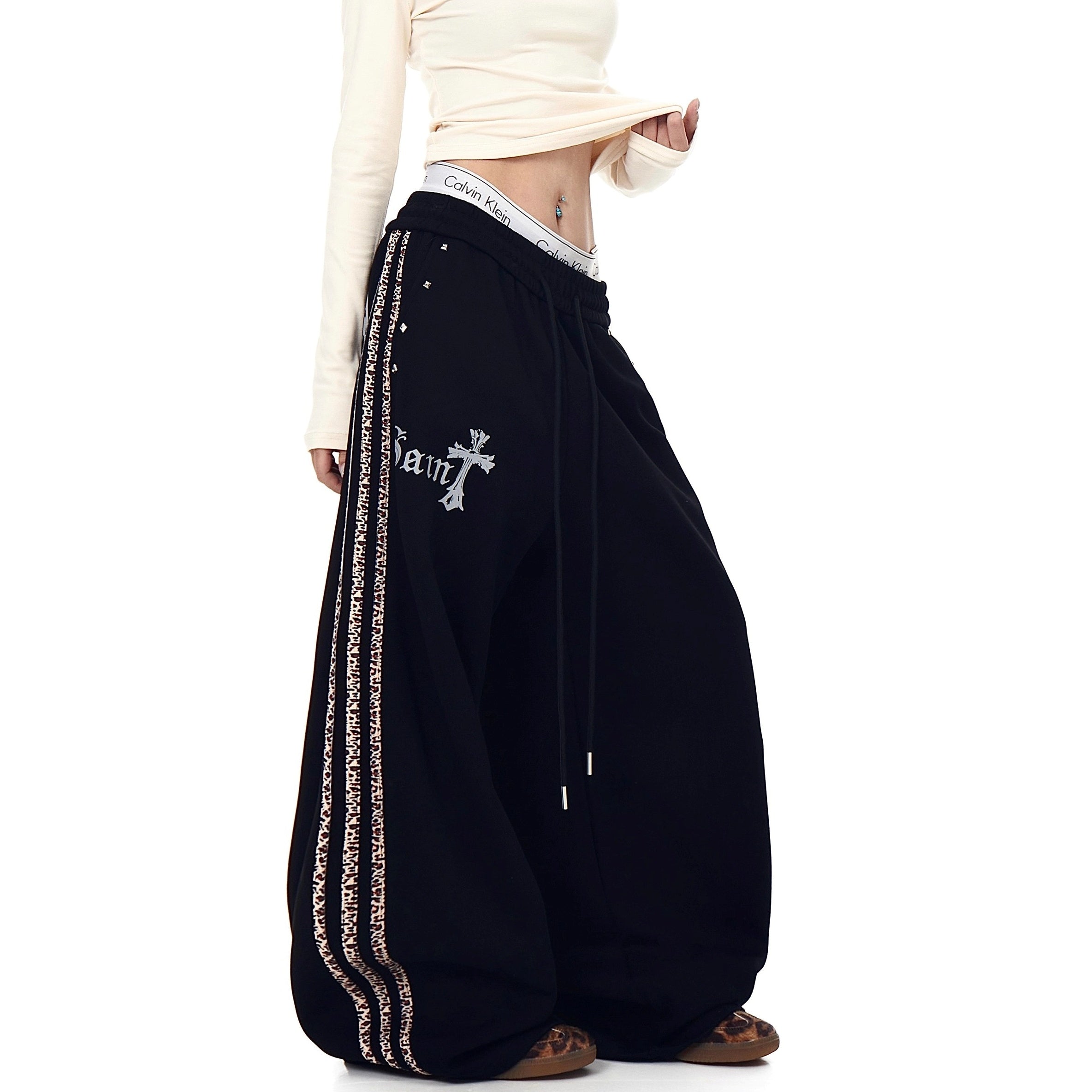 Leopard Print Spliced Rivet Curve Sweat Pants BK7058