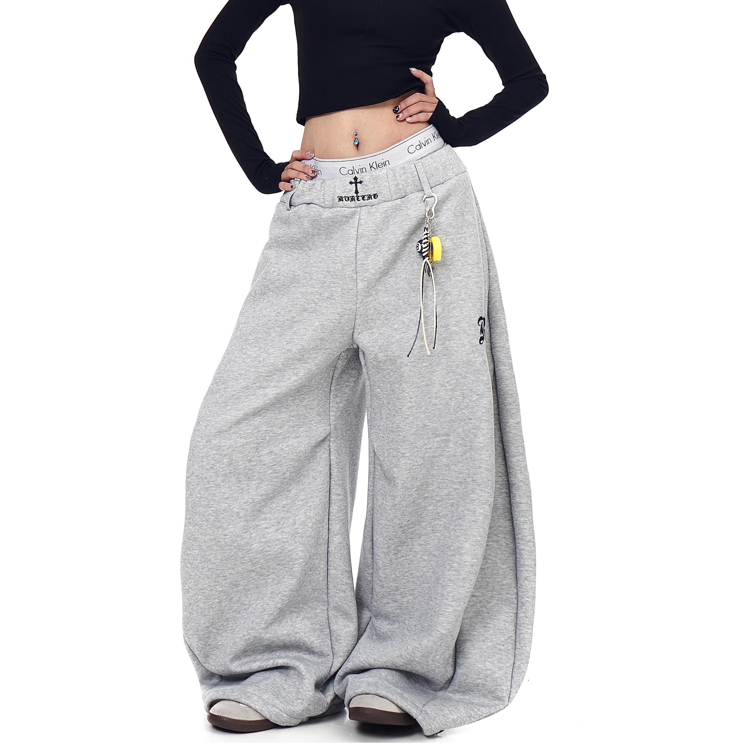 Cross Embroidery Loose Sweat Curve Pants BK7055