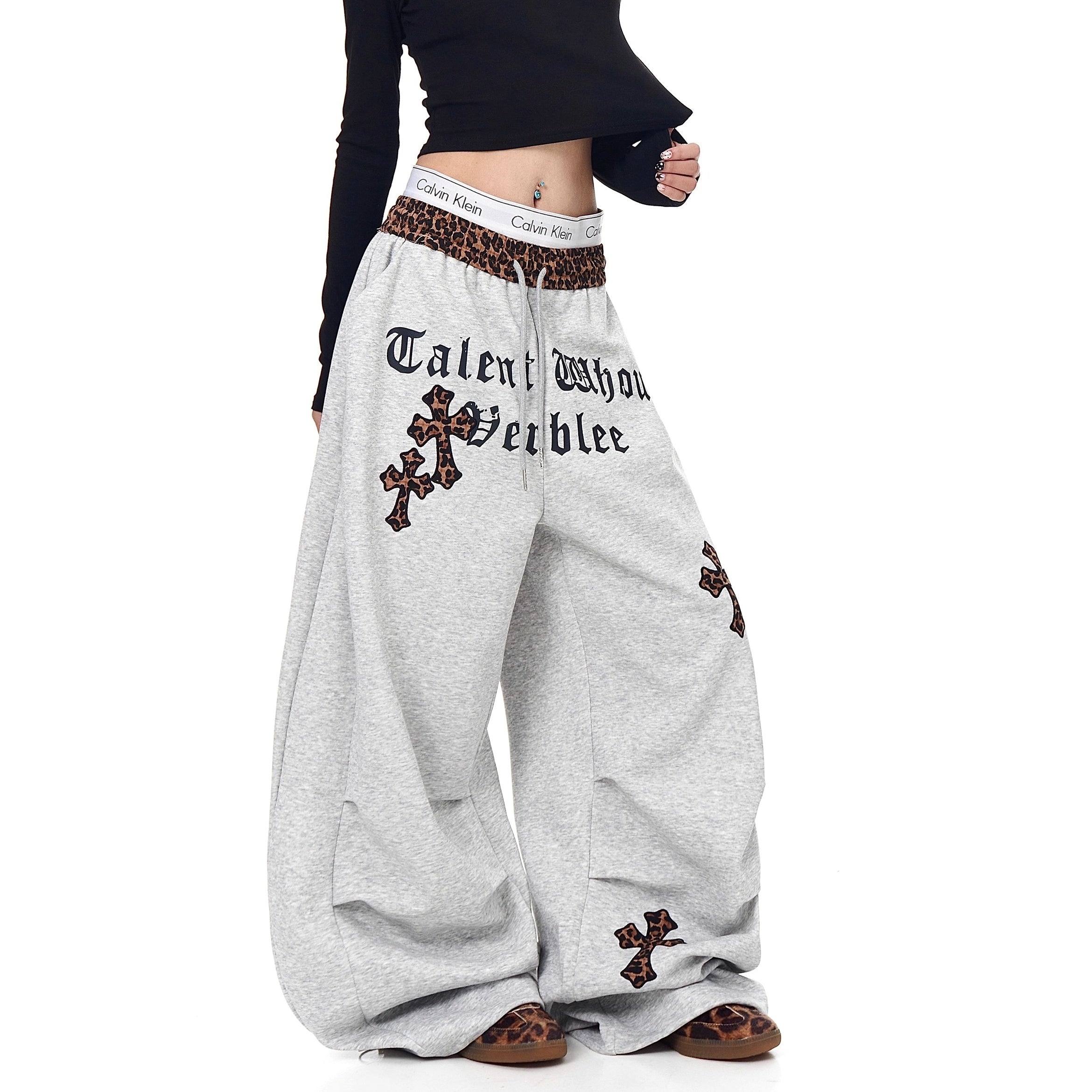 Leopard Print Patchwork Scimitar Sweat Pants BK7046