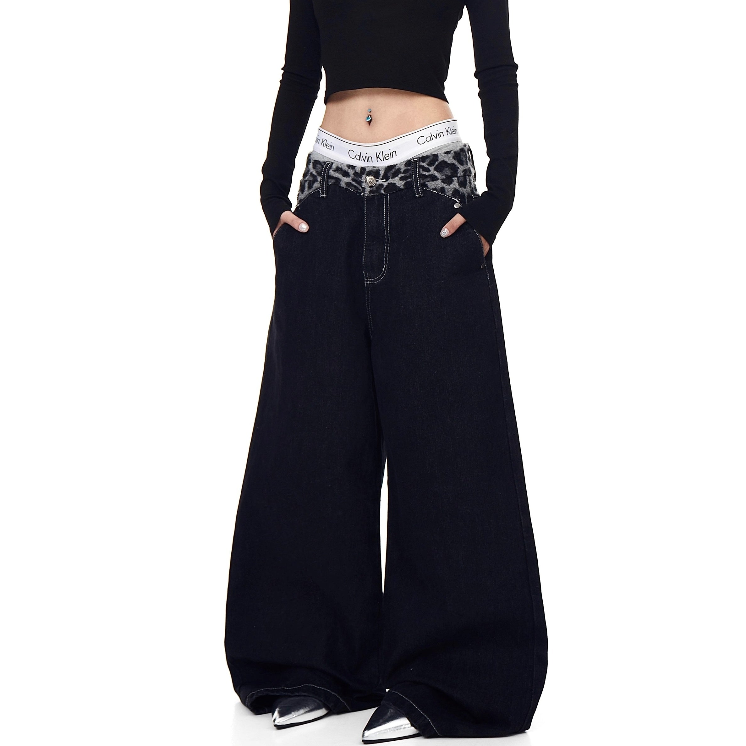 Plush Leopard Print Stitching Scimitar Jeans BK7045