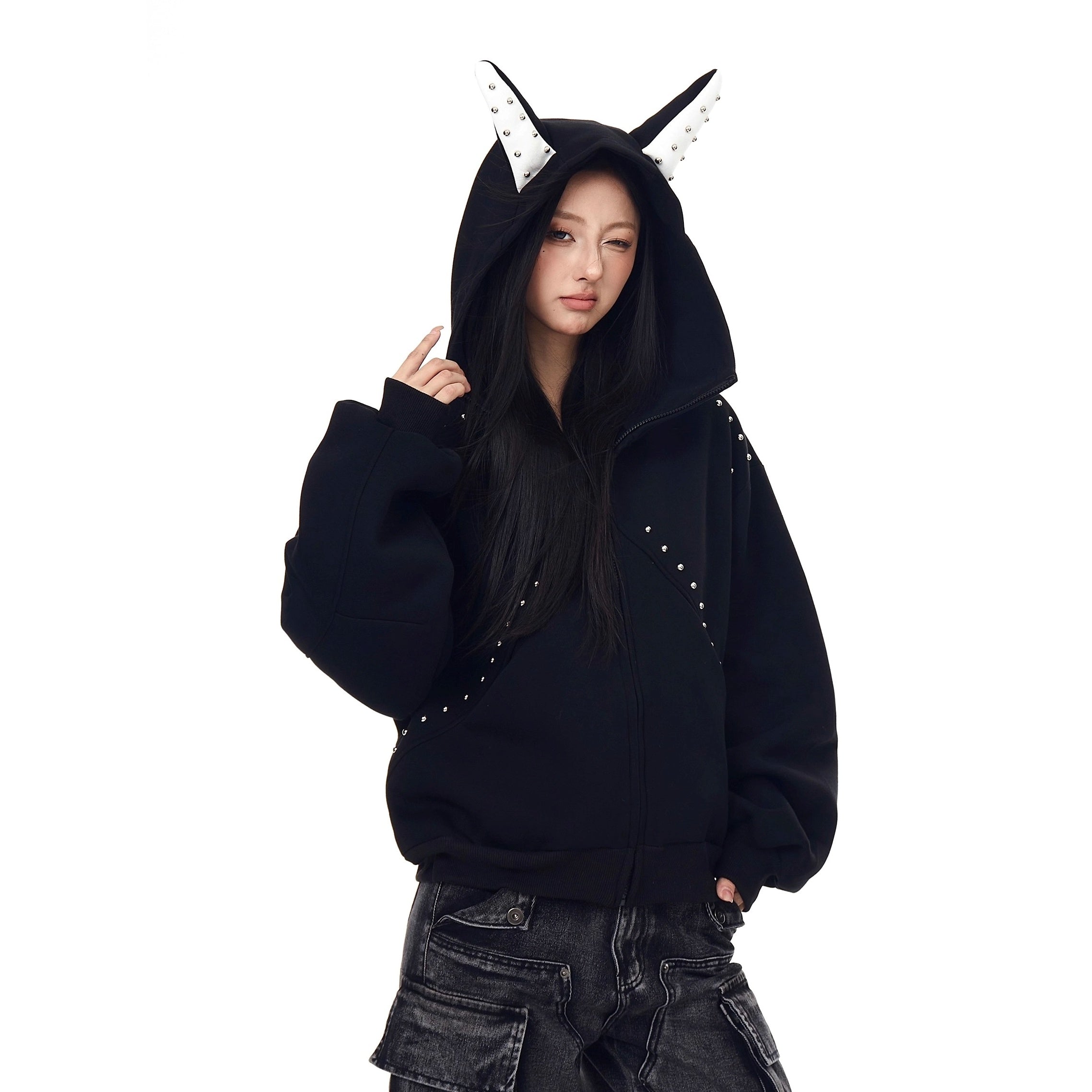 Doberman Pinscher Ears Rivet Hooded Jacket BK7024
