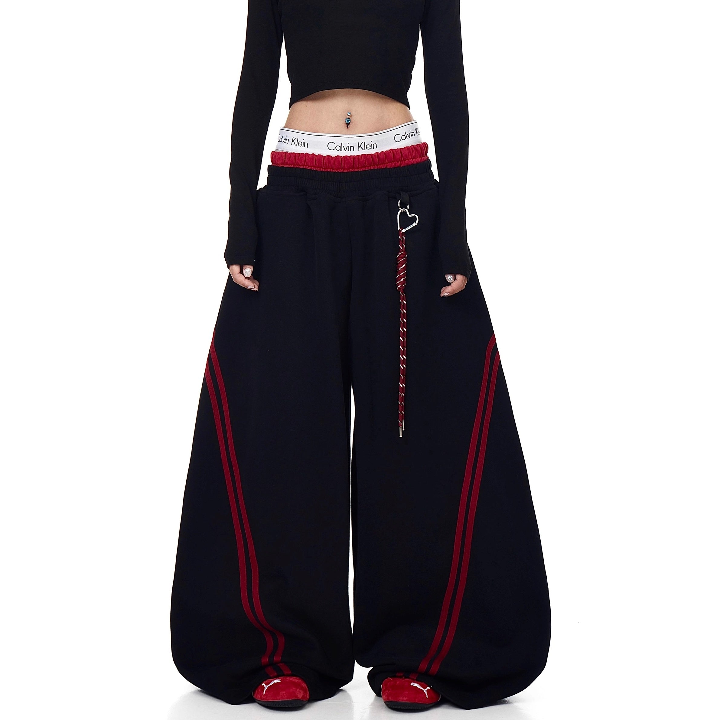 Striped Patchwork Double-waisted Scimitar Sweat Pants BK7044
