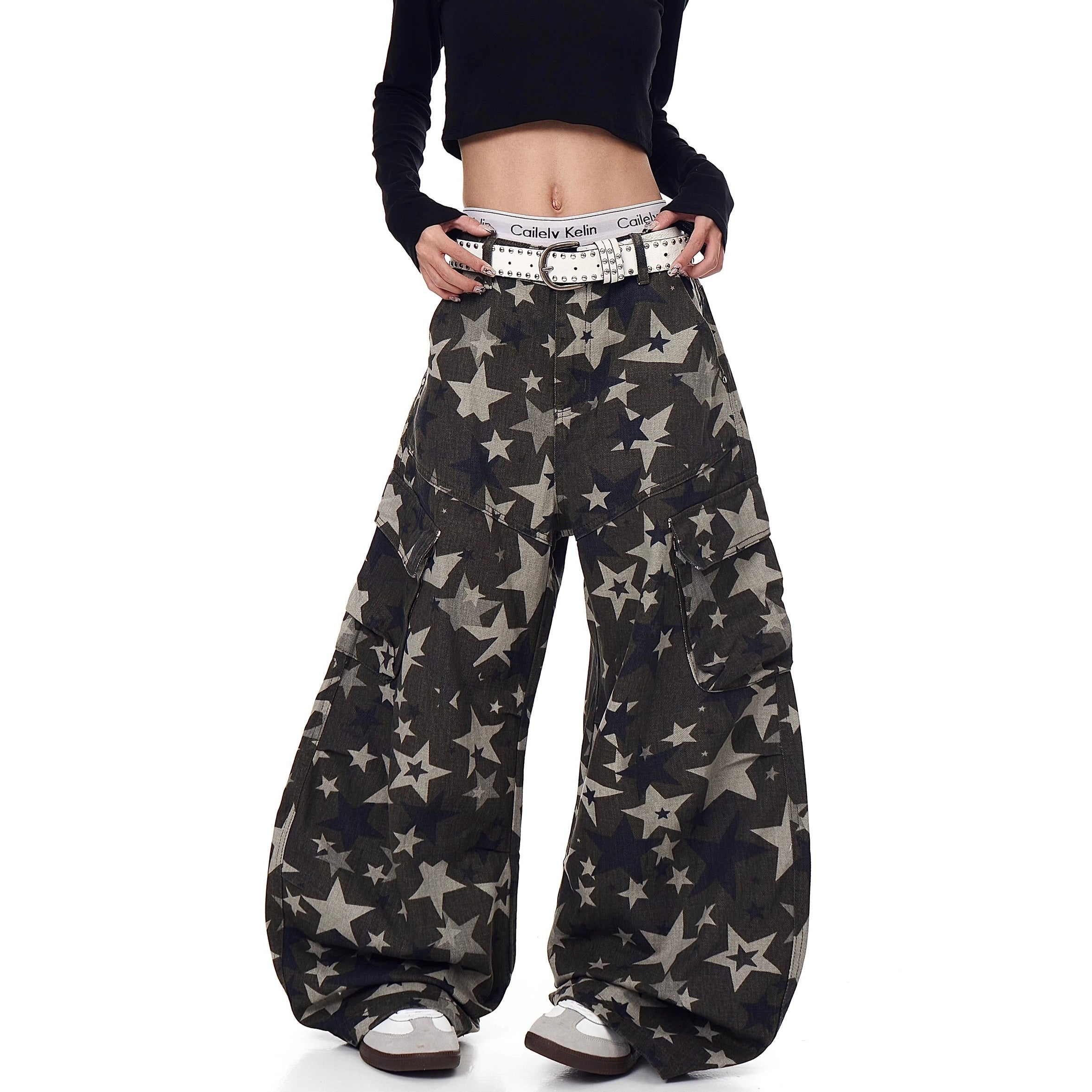 Star Camouflage Wide-Leg Cargo Curve Pants MW10274